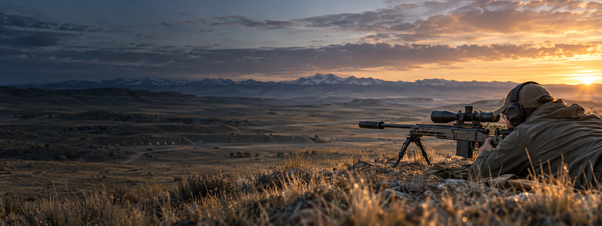 Precision rifle shooter aiming safely downrange across the Colorado high plains
